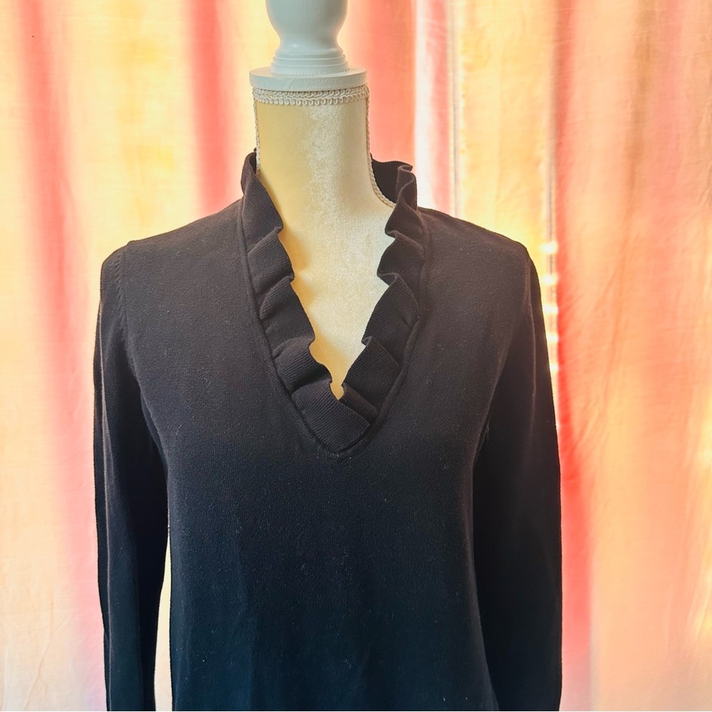 LOFT Black Ruffle V Neck Cotton Pullover Sweater Size Medium